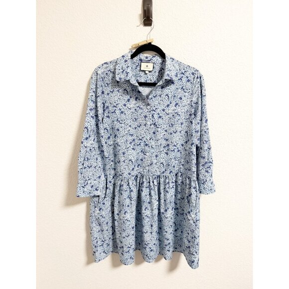 Tuckernuck Hydrangea Hayes Shirt Dress Button Front 3/4 Sleeve Blue Medium - Picture 2 of 6